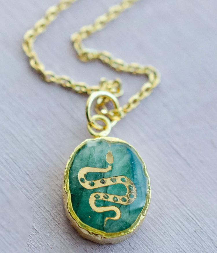 HoopLa Style Waterproof Necklace Gold Gemstone Pendant Hand Painted- Aquamarine Snake