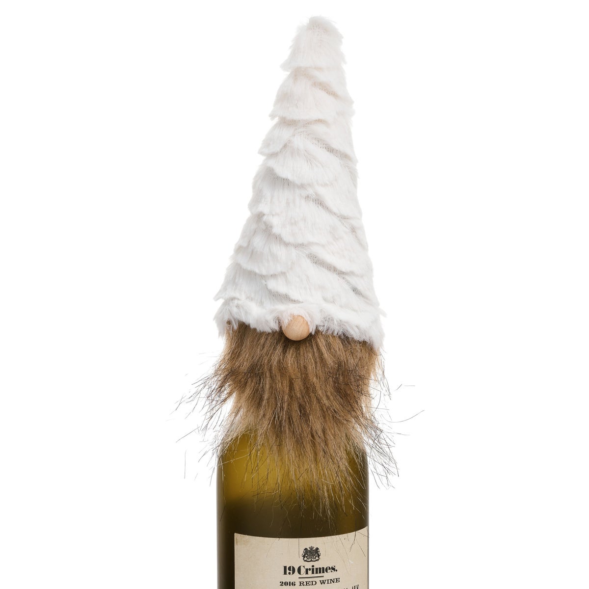Wine Bottle Santa Head Decor Beige Wool 4x8"