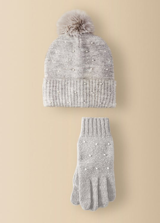 Knit Hat and Glove Set with Embellishments Grey