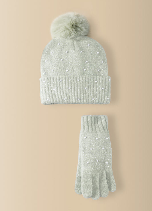 Knit Hat and Glove Set with Embellishments Mint