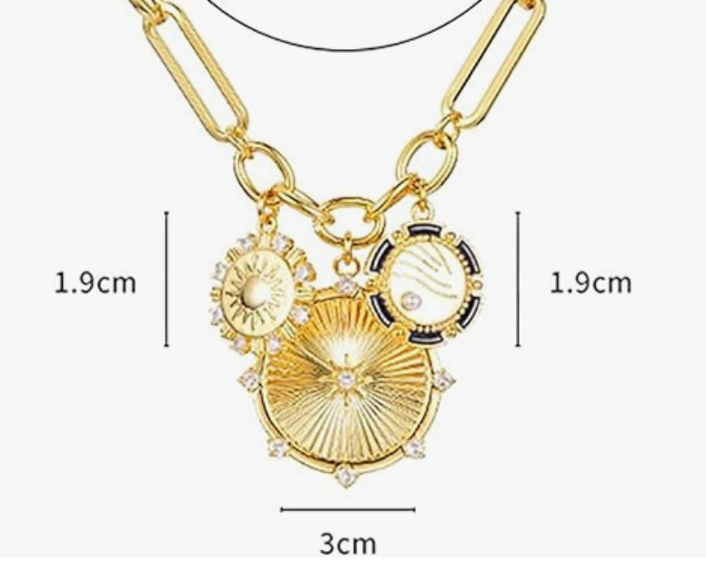 HoopLa Style Waterproof Necklace Gold 8 Point Wheel Medallion & Sun Charm Lariat Coin