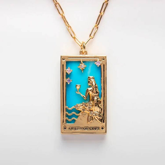 HoopLa Style Waterproof Necklace Gold on Steel Tarot Card Necklace Queen of Cups