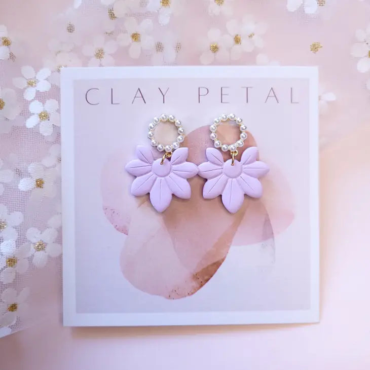 Clay Petal The Audrey - Lavender Pearl Flower Clay Earrings