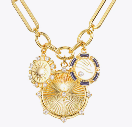 HoopLa Style Waterproof Necklace Gold 8 Point Wheel Medallion & Sun Charm Lariat Coin