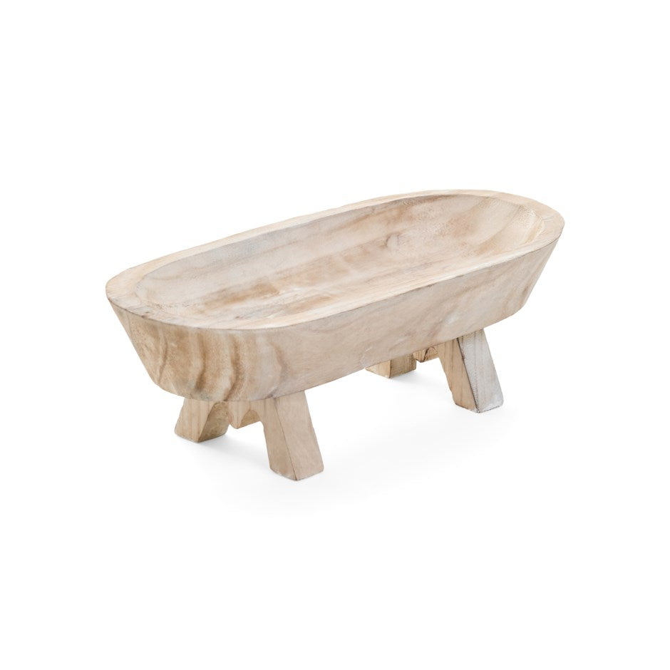 BOWL OVAL PAULOWNIA WOOD W LEGS WHITE WASH