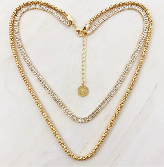 HoopLa Style Waterproof Necklace 14K Gold on Stainless Steel Tennis and Popcorn 2 Strand