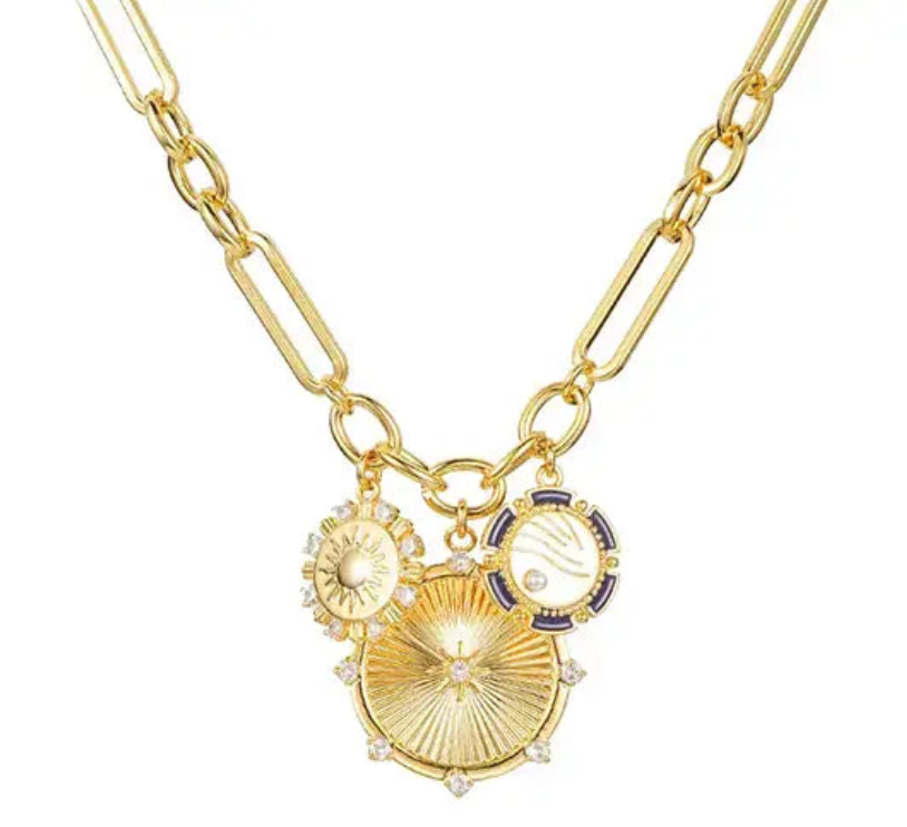 HoopLa Style Waterproof Necklace Gold 8 Point Wheel Medallion & Sun Charm Lariat Coin