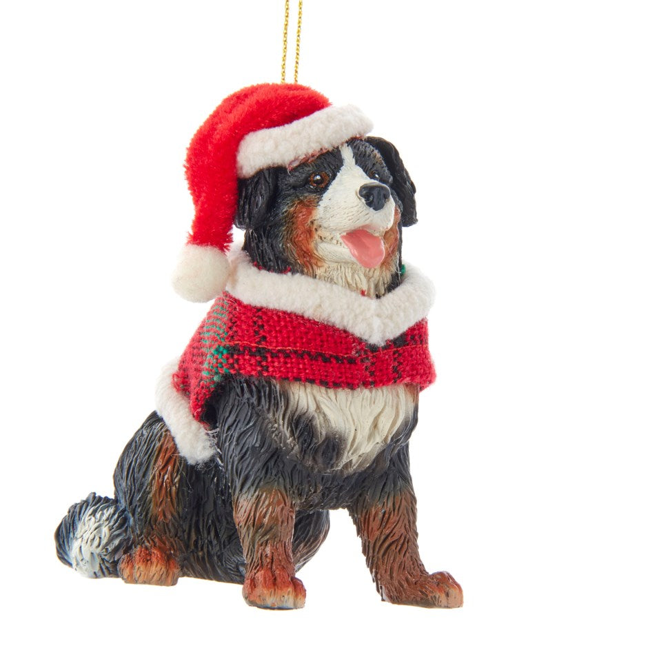Ornament Dog w Plaid Coat & Santa Hat