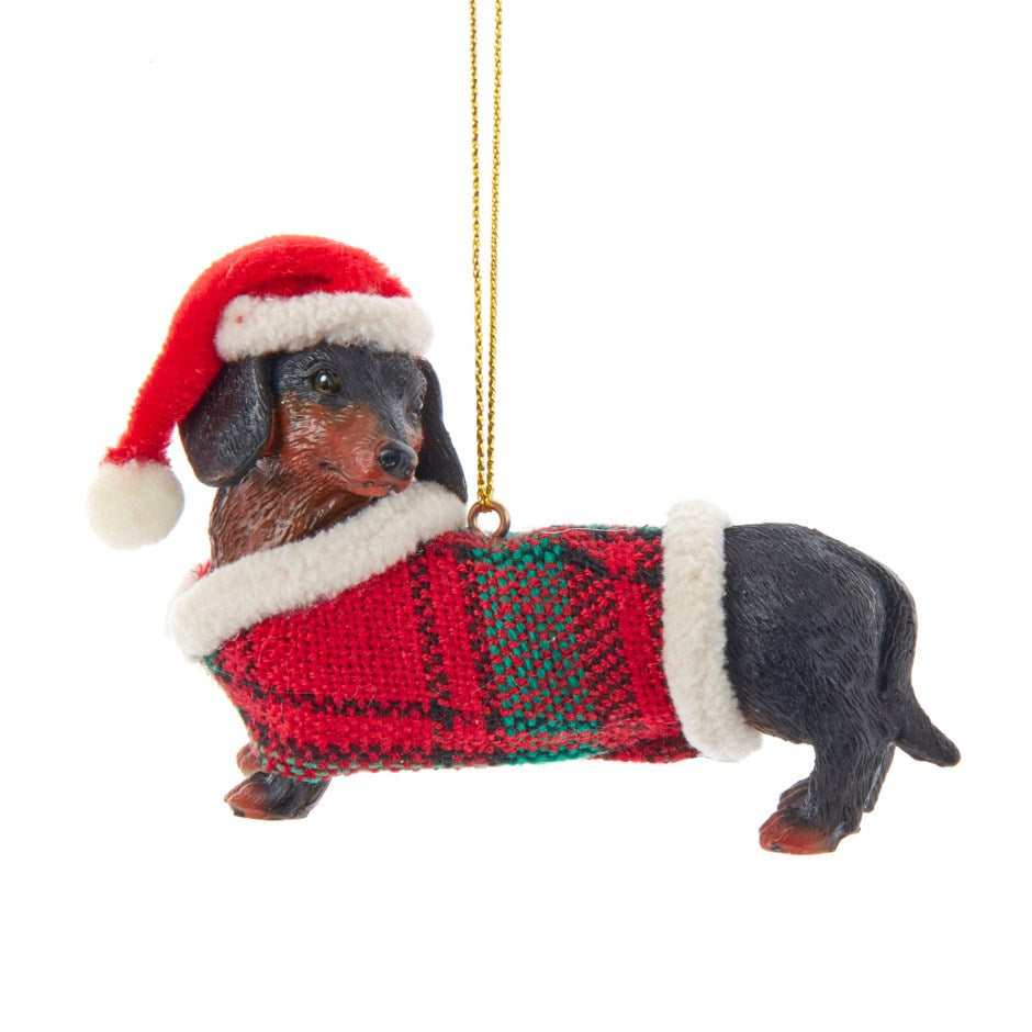 Ornament Dog w Plaid Coat & Santa Hat