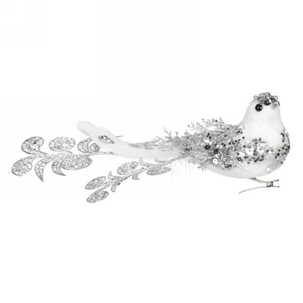 Ornament White & Silver Glitter Feather Bird Bin