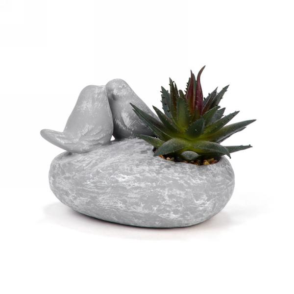 Small Succulent in Grey Pot with Birds