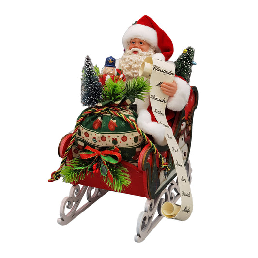 Santa Sitting in Sleigh w Gifts 10" Red/Green/Gold