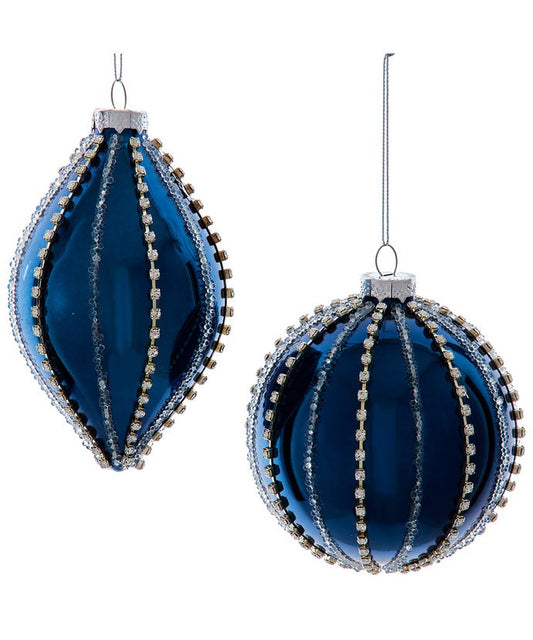 Ornament Glass Blue Jeweled Finial& Ball