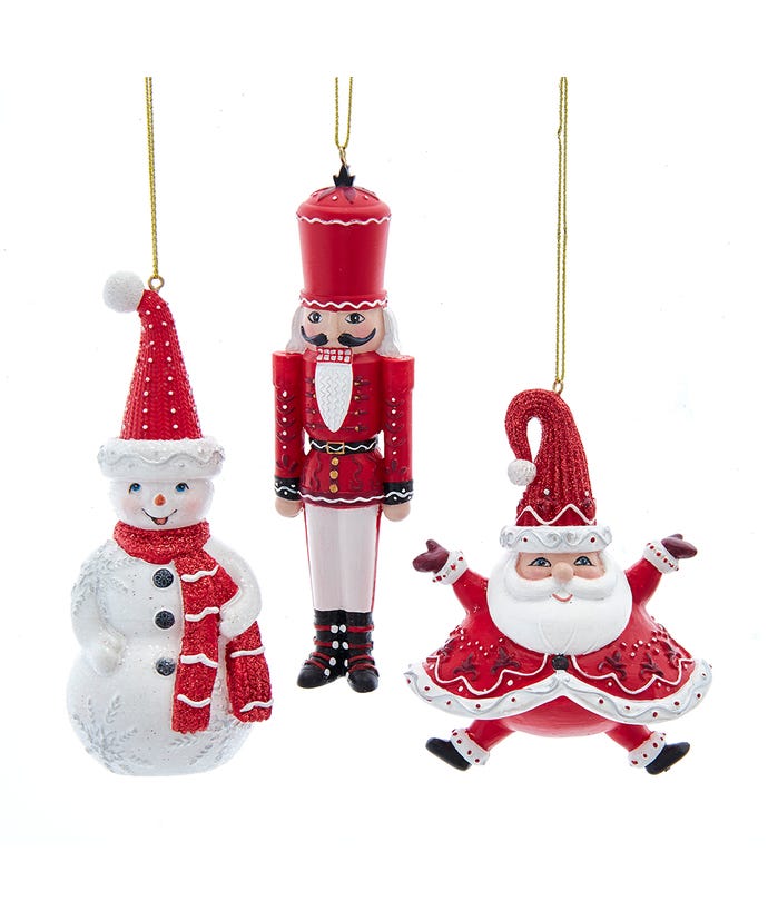 Ornament Red Themed Whimsical Nutcracker/Snowman/Santa