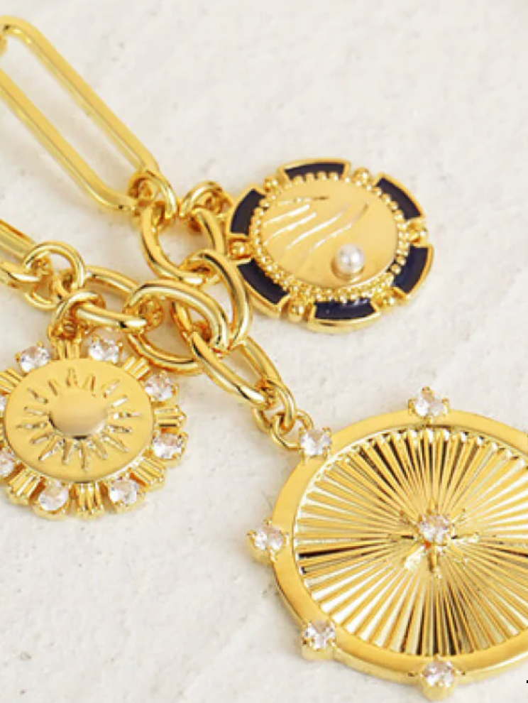 HoopLa Style Waterproof Necklace Gold 8 Point Wheel Medallion & Sun Charm Lariat Coin