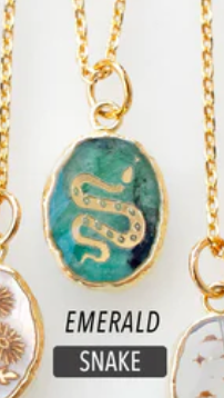 HoopLa Style Waterproof Necklace Gold Gemstone Pendant Hand Painted- Aquamarine Snake