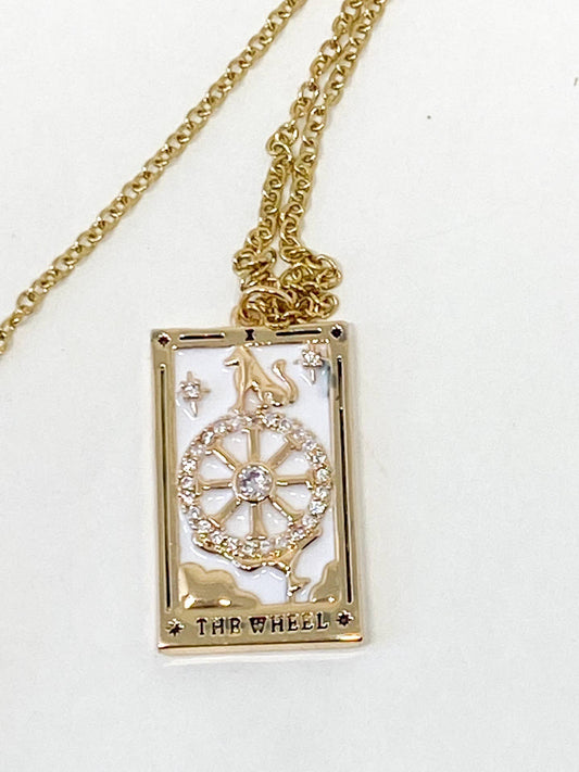 HoopLa Style Waterproof Necklace 14K Gold on Stainless Steel Tarot Card The Wheel Of Fortune