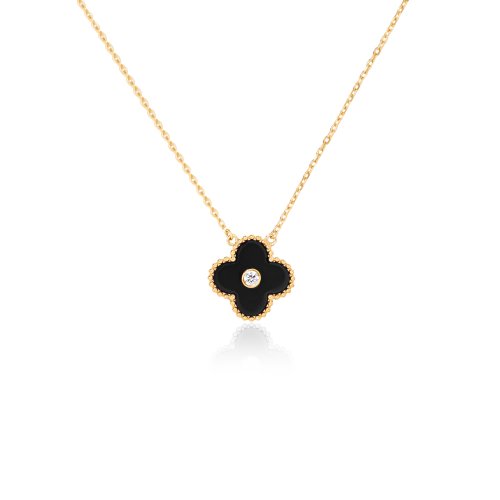 HOJN  Designer Inspired Vancleef Black Onyx with Center CZ Necklace Gold Vermeil