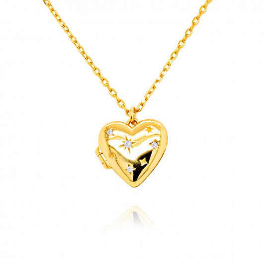 HOJN CZ Star Setting Heart Locket Necklace Gold Vermeil