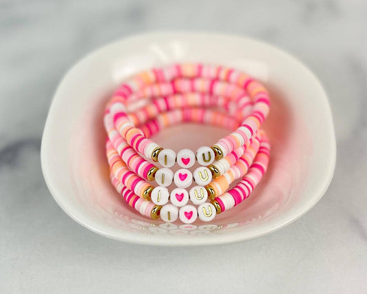 MSB Heishi Small 6mm Color Pop Bracelet "I Heart U": 5.5" / Pink Peaches