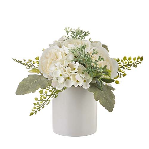 12" White Rose & Hydrangea In Ceramic Pot