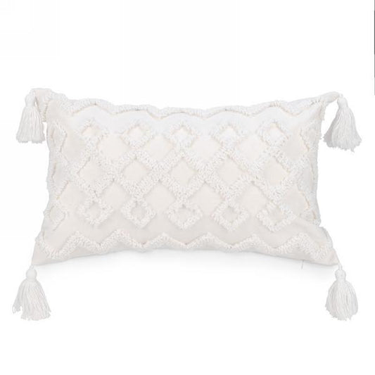 Pillow Rectangular White Tufted w Tassel