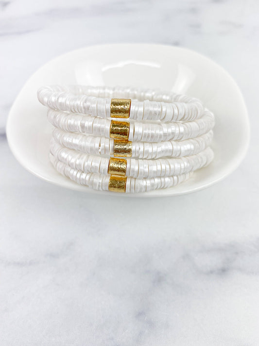 MSB Heishi Small 6mm Color Pop Bracelet "Shimmer Pearl": Gold Disc / 6.5"