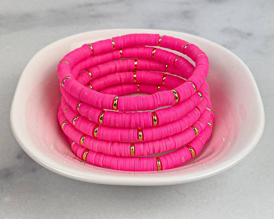 MSB Heishi Small 6mm Color Pop Bracelet "Barbie Pink": Gold Barrel / 6.5"